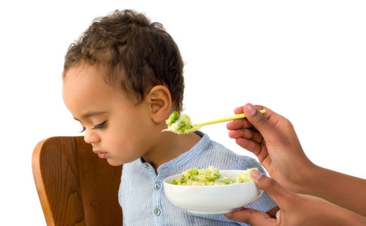 A child is sitting on a chair. Hands holding a bowl and spoon are holding broccoli trying to feed him.