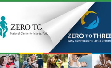 Zero To Three Logo peeling off unveiling new logo and five images of adults with infants under a graphic