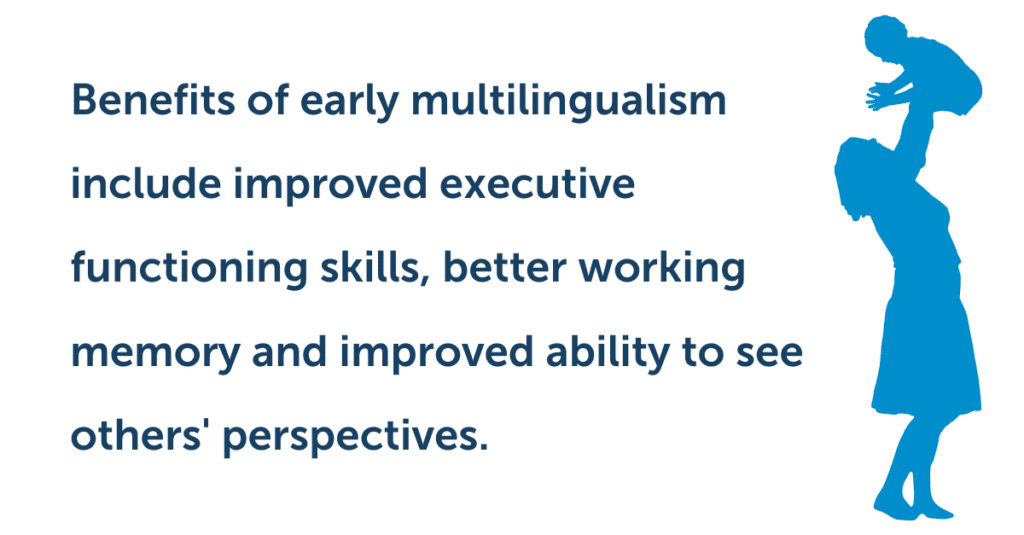 Benefits of early multilingualism include improved executive functioning skills, better working memory and improved ability to see others' perspectives.