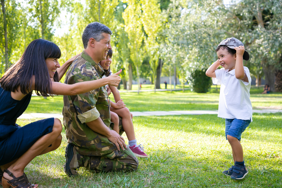 military dad with family at park