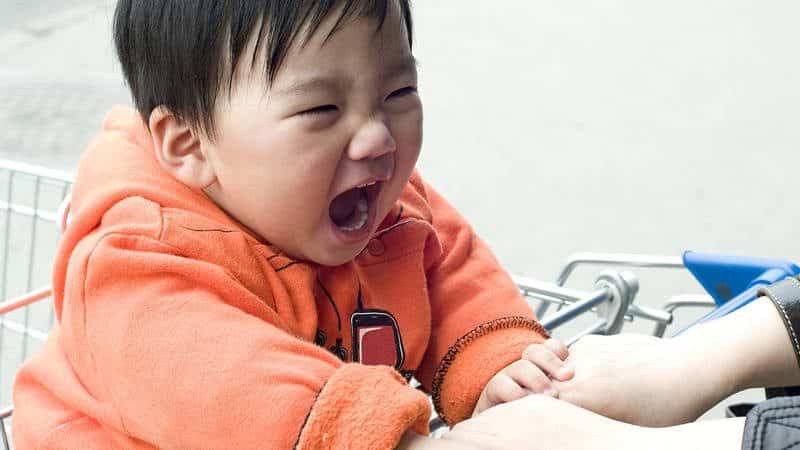 Upset toddler in grocery cart