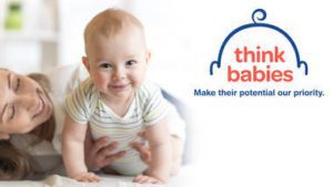 Woman holding infant and Think Babies Logo