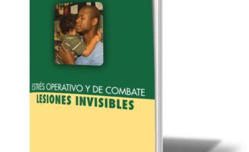 Book with cover with green and yellow graphic with a man holding child and spanish title Estr