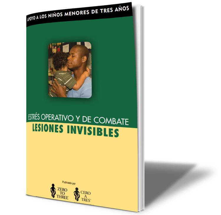 Book with cover with green and yellow graphic with a man holding child and spanish title Estr