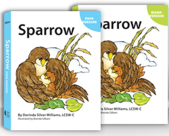 cover of Sparrow book with parent bird holding baby bird in wing