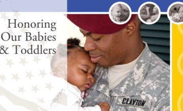 father in military uniform holds daughter in arms sleeping while he looks down smiling