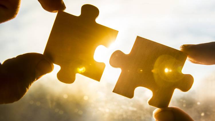 Hands holding puzzle pieces against a sunny background