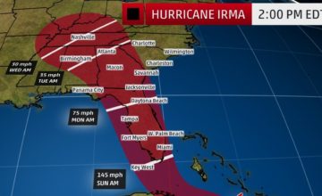 The red-shaded area denotes the potential path of the center of Hurricane Irma