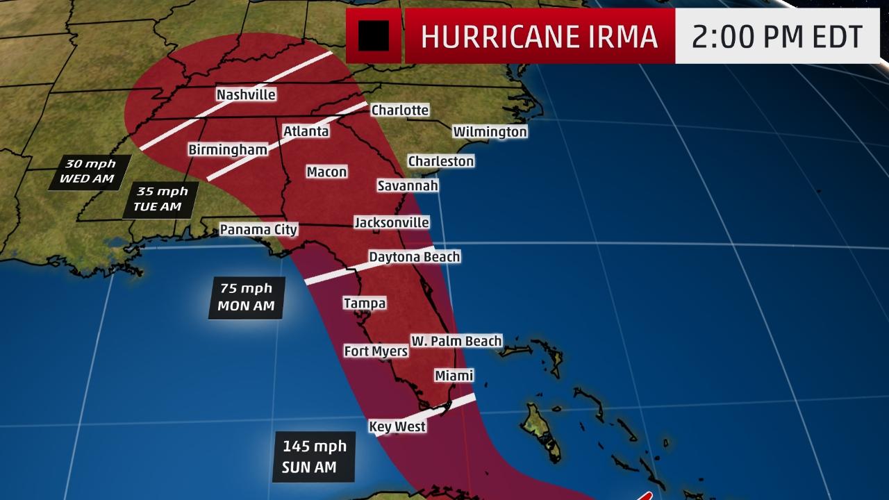 The red-shaded area denotes the potential path of the center of Hurricane Irma