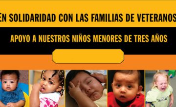 Spanish text that translates to:for In solidarity with Veteran families support for children under 3 with registration mark. Yellow, orange and black graphics and five young children.