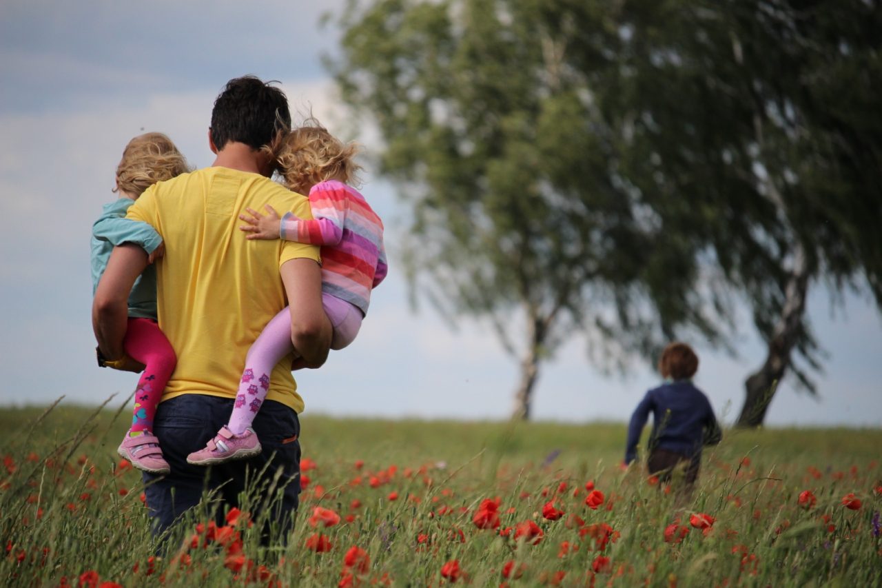 Dad carries children in flower field