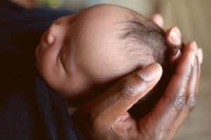 Hands holding newborn baby head