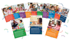 Set of parent handouts featuring smiling parents and children.