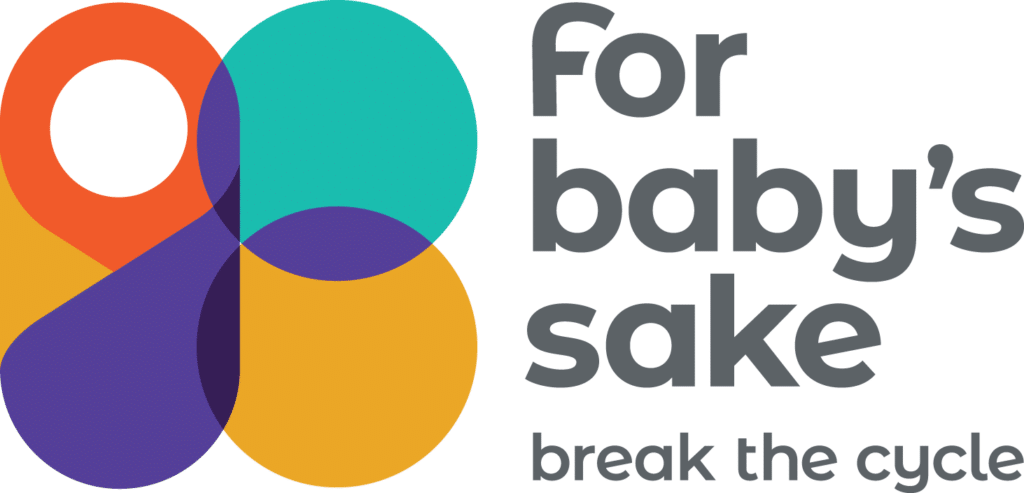 2 yellow circles, a purple circle, and a green circle with the words For Baby's Sake break the cycle