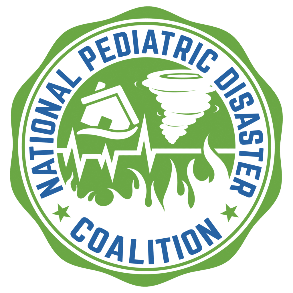 a logo with a house, funnel cloud and fire with the words national pediatric disaster coalition