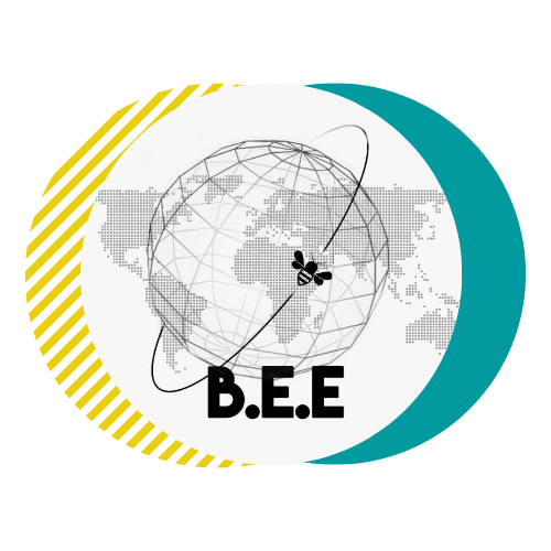 a logo with a yellow half moon and a green half moon with the world on an axis with a bee on the axis in the middle