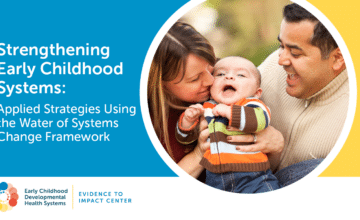 Man and woman holding a smiling baby with resource title, "Strengthening Early Childhood Systems: Applied Strategies Using the Water of Systems Change Framework"