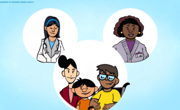 Animated video still featuring an illustrated medical provider, behavioral health specialist, and family
