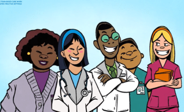 Animated video still featuring a range of pediatric health professionals