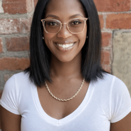 a smiling woman with shoulder-length dark hair wearing glasses and a white v-neck t shirt